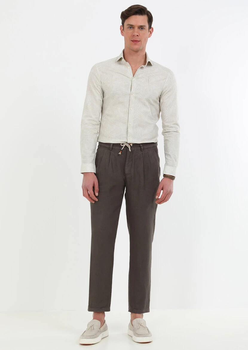 Kahverengi Düz Dokuma Jogging Fit Casual %100 Keten Pantolon 