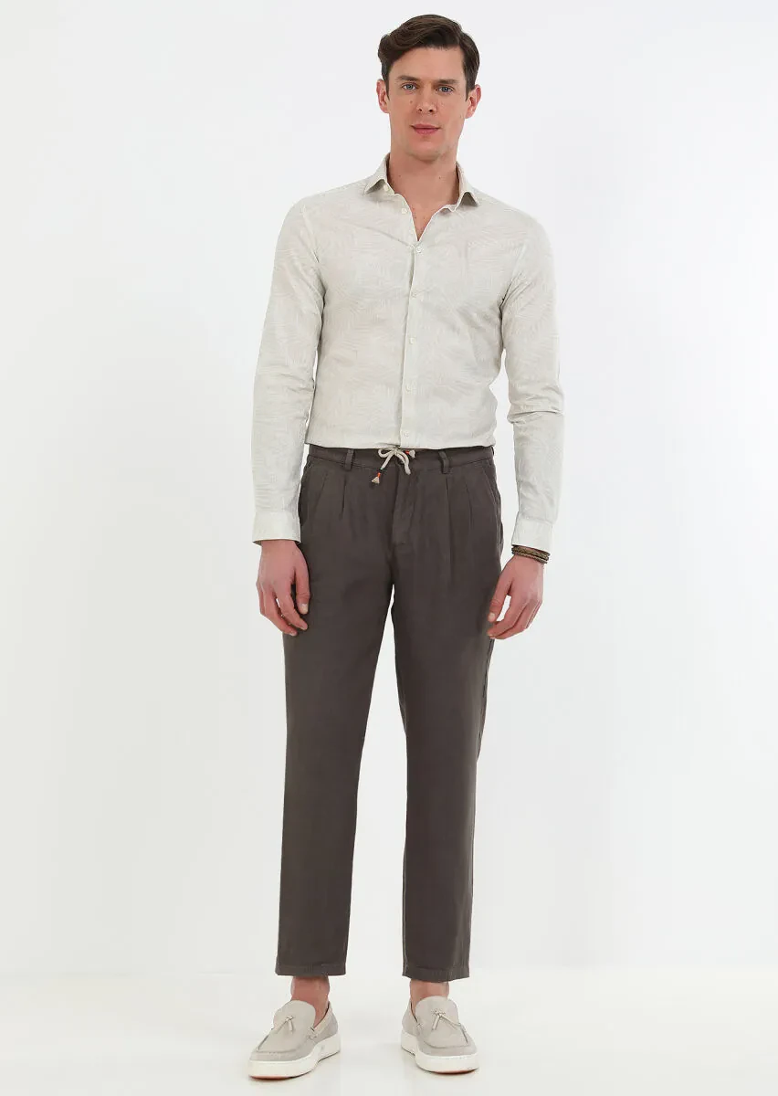 Kahverengi Düz Dokuma Jogging Fit Casual %100 Keten Pantolon - 2