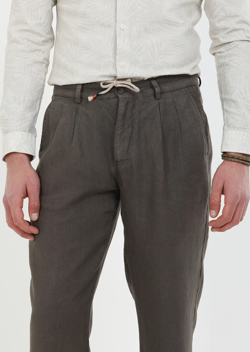 Kahverengi Düz Dokuma Jogging Fit Casual %100 Keten Pantolon - 3