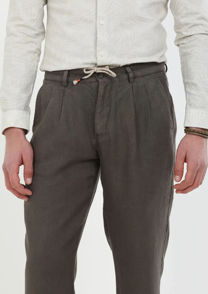 Kahverengi Düz Dokuma Jogging Fit Casual %100 Keten Pantolon - 3