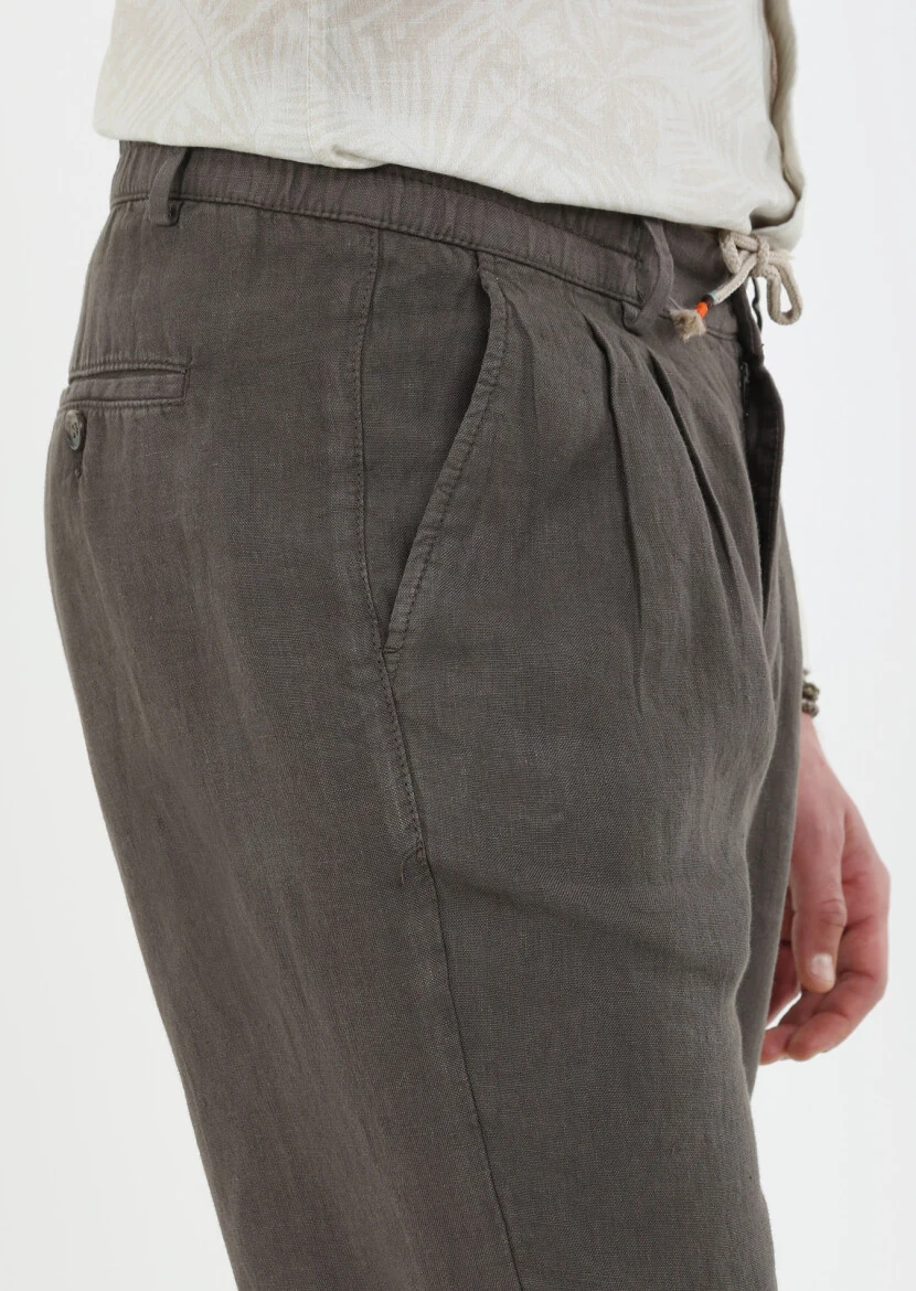 Kahverengi Düz Dokuma Jogging Fit Casual %100 Keten Pantolon - 4