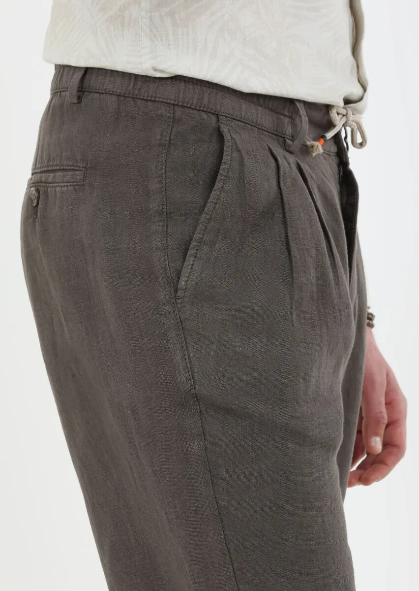 Kahverengi Düz Dokuma Jogging Fit Casual %100 Keten Pantolon - 4