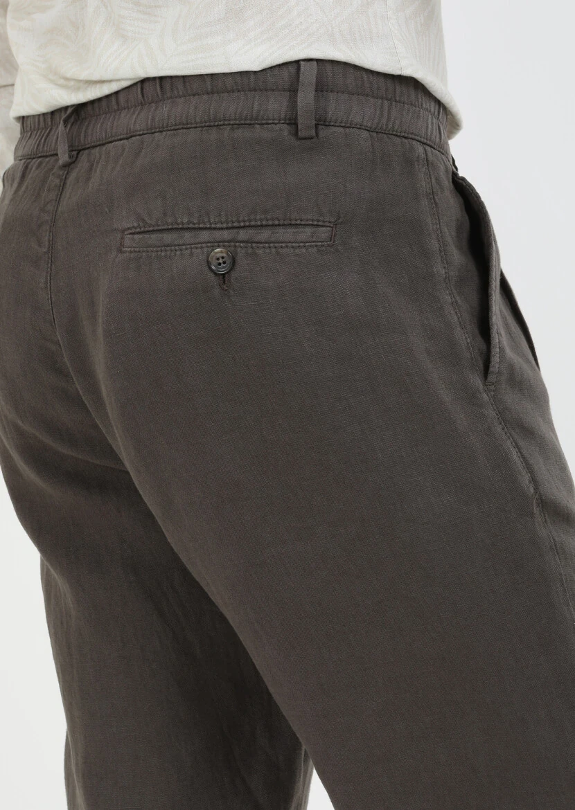 Kahverengi Düz Dokuma Jogging Fit Casual %100 Keten Pantolon - 5