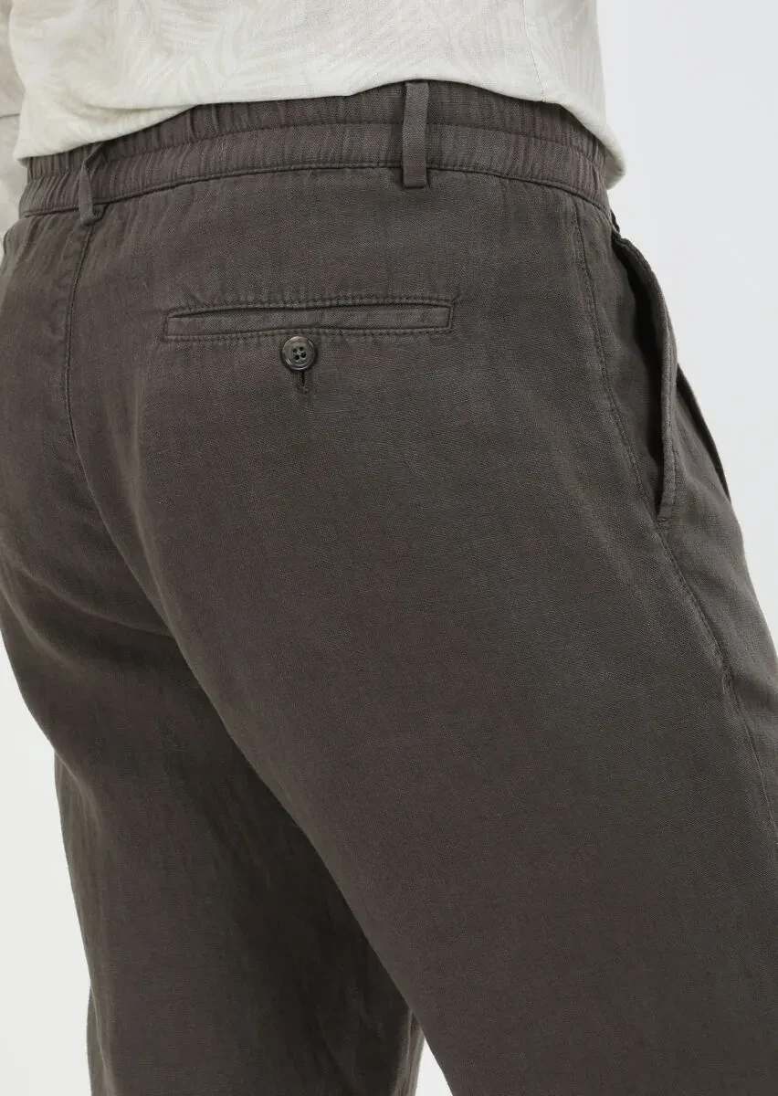 Kahverengi Düz Dokuma Jogging Fit Casual %100 Keten Pantolon - 5