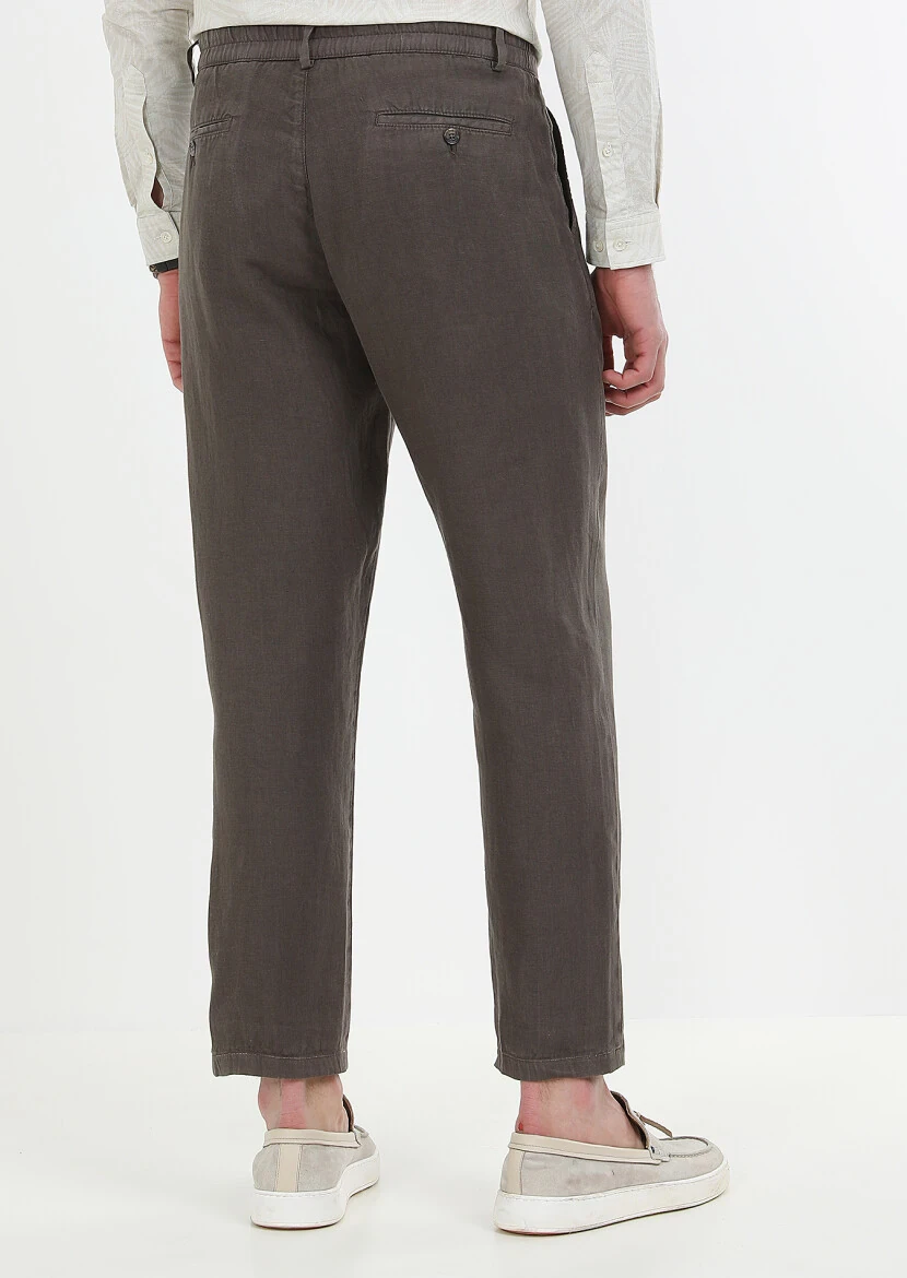 Kahverengi Düz Dokuma Jogging Fit Casual %100 Keten Pantolon - 6