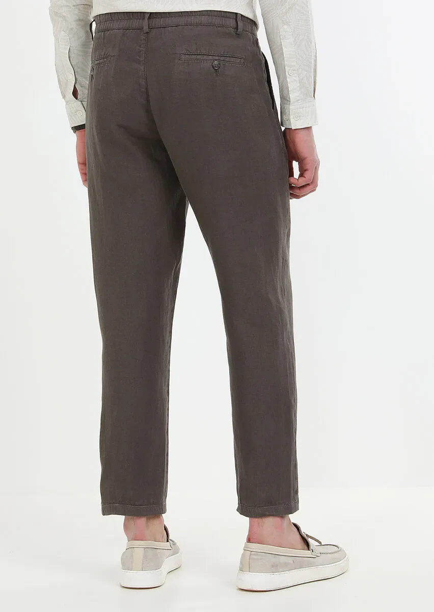 Kahverengi Düz Dokuma Jogging Fit Casual %100 Keten Pantolon - 6