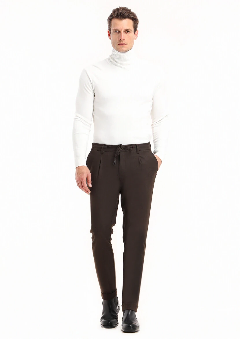 Kahverengi Düz Dokuma Jogging Fit Casual Pantolon - 1