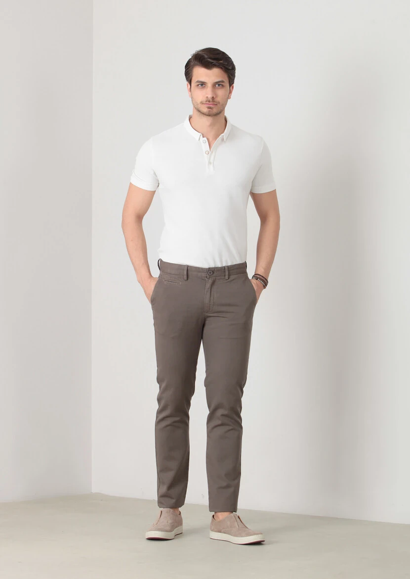 Kahverengi Düz Dokuma Regular Fit Casual Pamuk Karışımlı Pantolon - 1