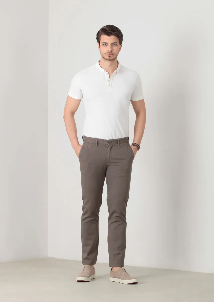 Kahverengi Düz Dokuma Regular Fit Casual Pamuk Karışımlı Pantolon - 1