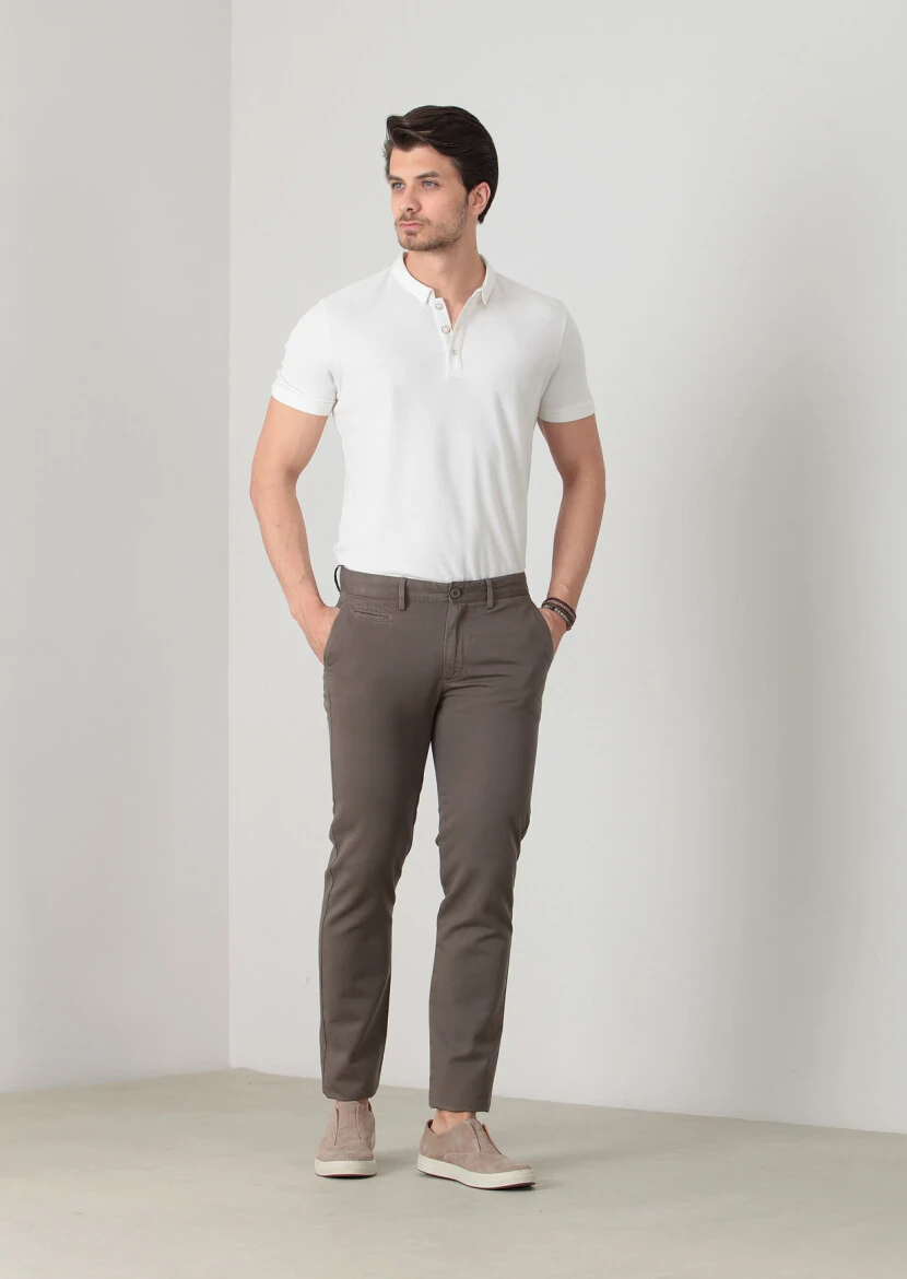 Kahverengi Düz Dokuma Regular Fit Casual Pamuk Karışımlı Pantolon 