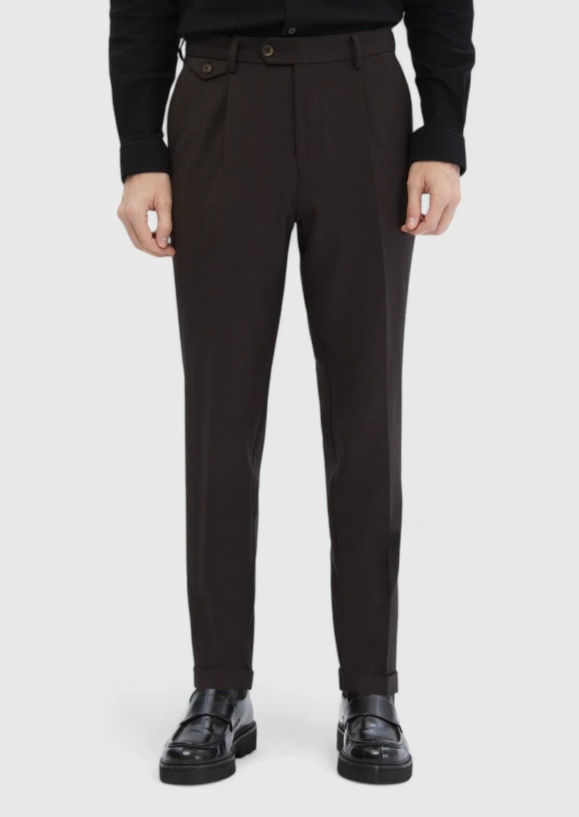 Kahverengi Düz Dokuma Regular Fit Casual Yün Karışımlı Pantolon - RAMSEY