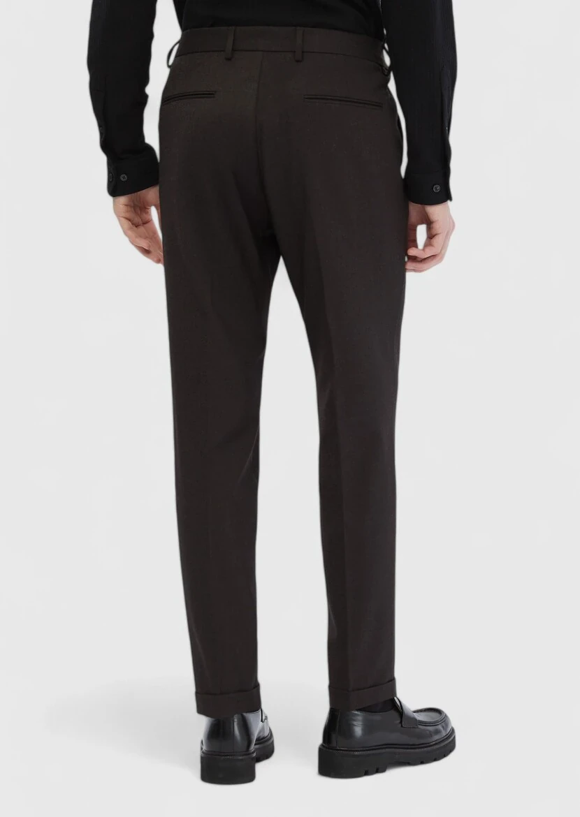Kahverengi Düz Dokuma Regular Fit Casual Yün Karışımlı Pantolon 