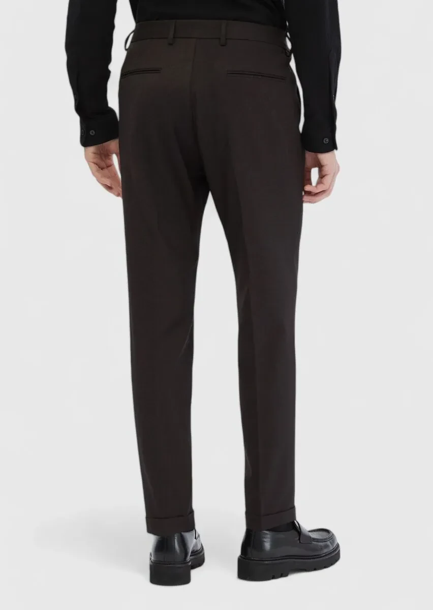 Kahverengi Düz Dokuma Regular Fit Casual Yün Karışımlı Pantolon - 2