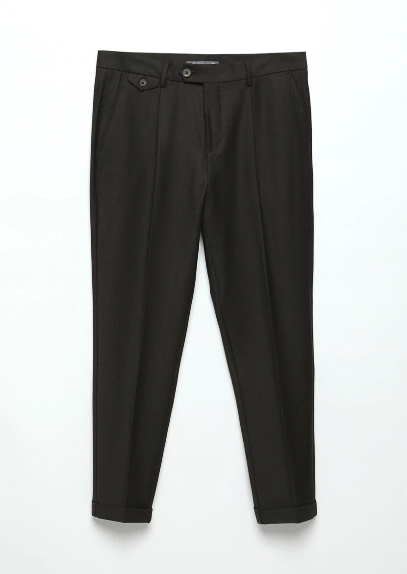 Kahverengi Düz Dokuma Regular Fit Casual Yün Karışımlı Pantolon - 4