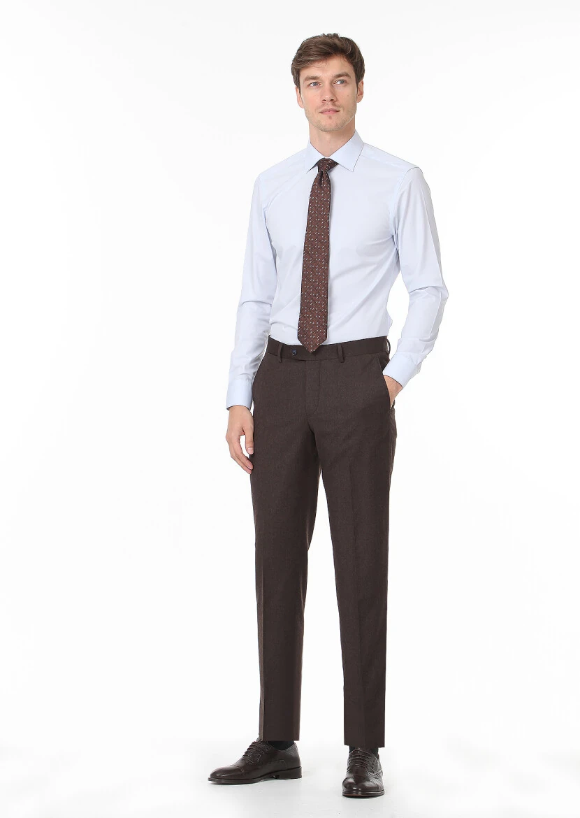 Kahverengi Düz Dokuma Regular Fit Klasik %100 Yün Pantolon 