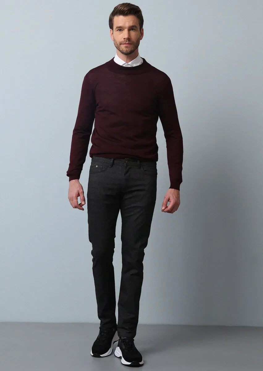 Kahverengi Düz Dokuma Slim Fit Casual Pamuk Karışımlı Pantolon - 4