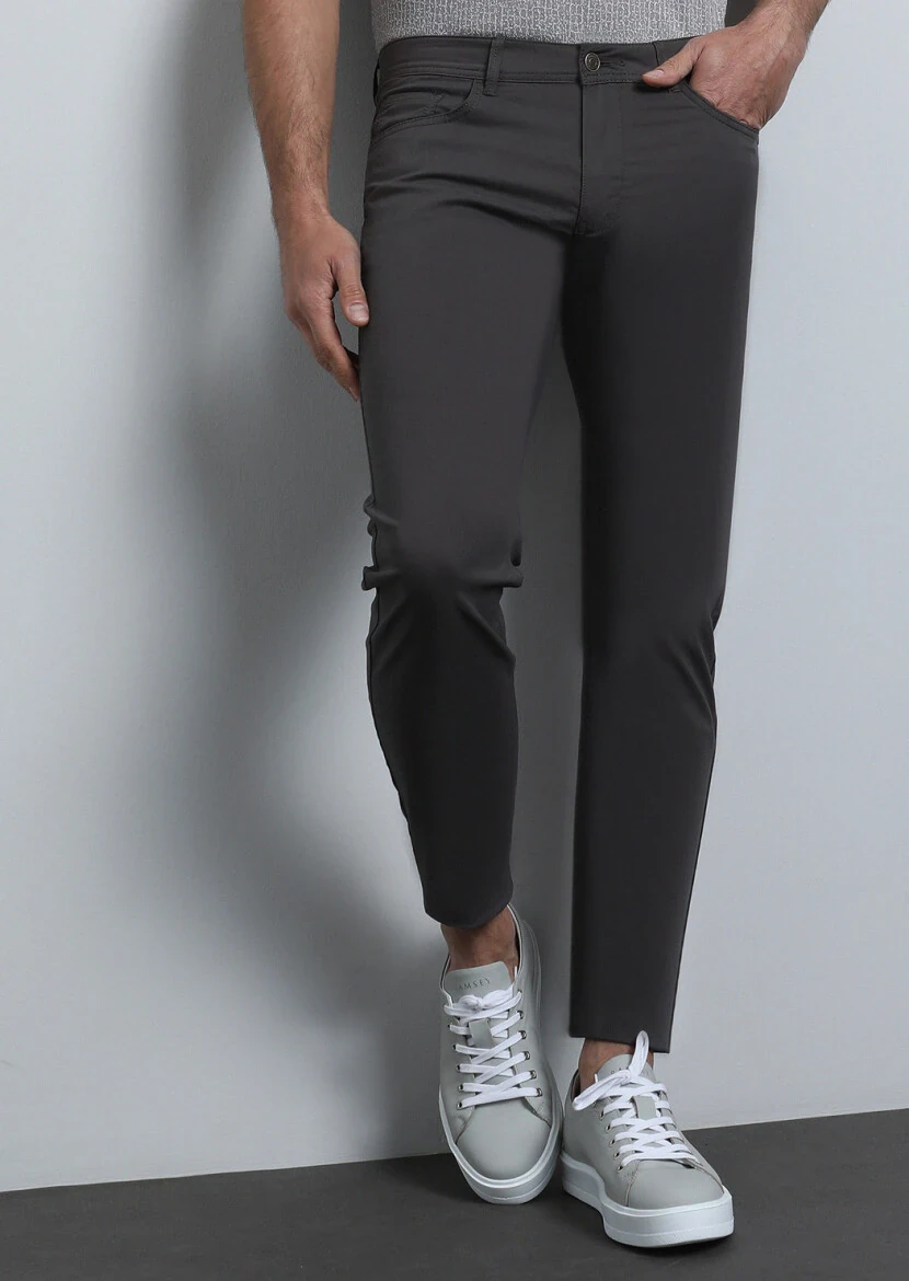 Kahverengi Düz Dokuma Slim Fit Casual Pamuk Karışımlı Pantolon - 1