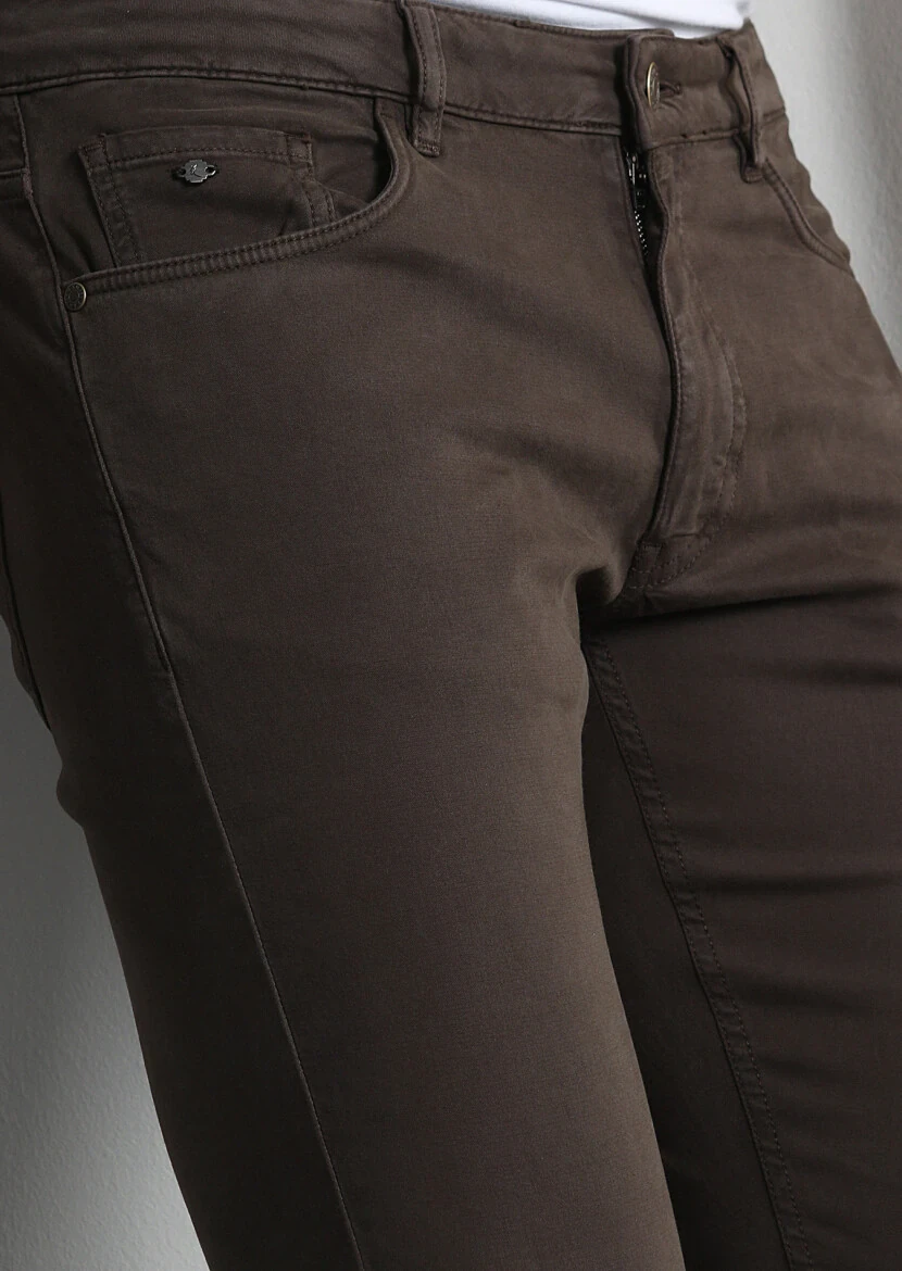 Kahverengi Düz Dokuma Slim Fit Casual Pamuk Karışımlı Pantolon - 3