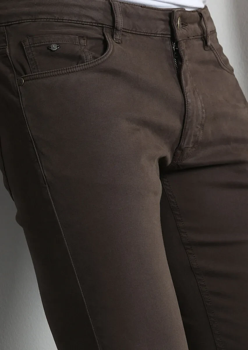 Kahverengi Düz Dokuma Slim Fit Casual Pamuk Karışımlı Pantolon - 3