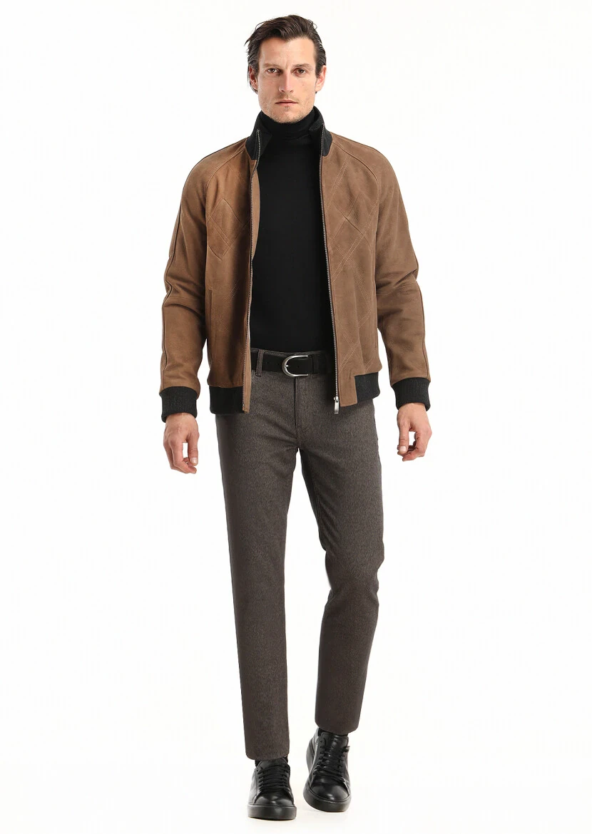 Kahverengi Düz Dokuma Slim Fit Casual Pamuk Karışımlı Pantolon - 1