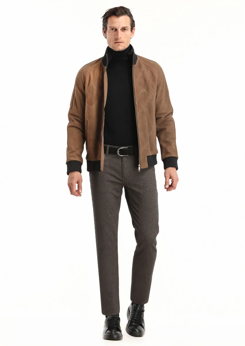 Kahverengi Düz Dokuma Slim Fit Casual Pamuk Karışımlı Pantolon - 1