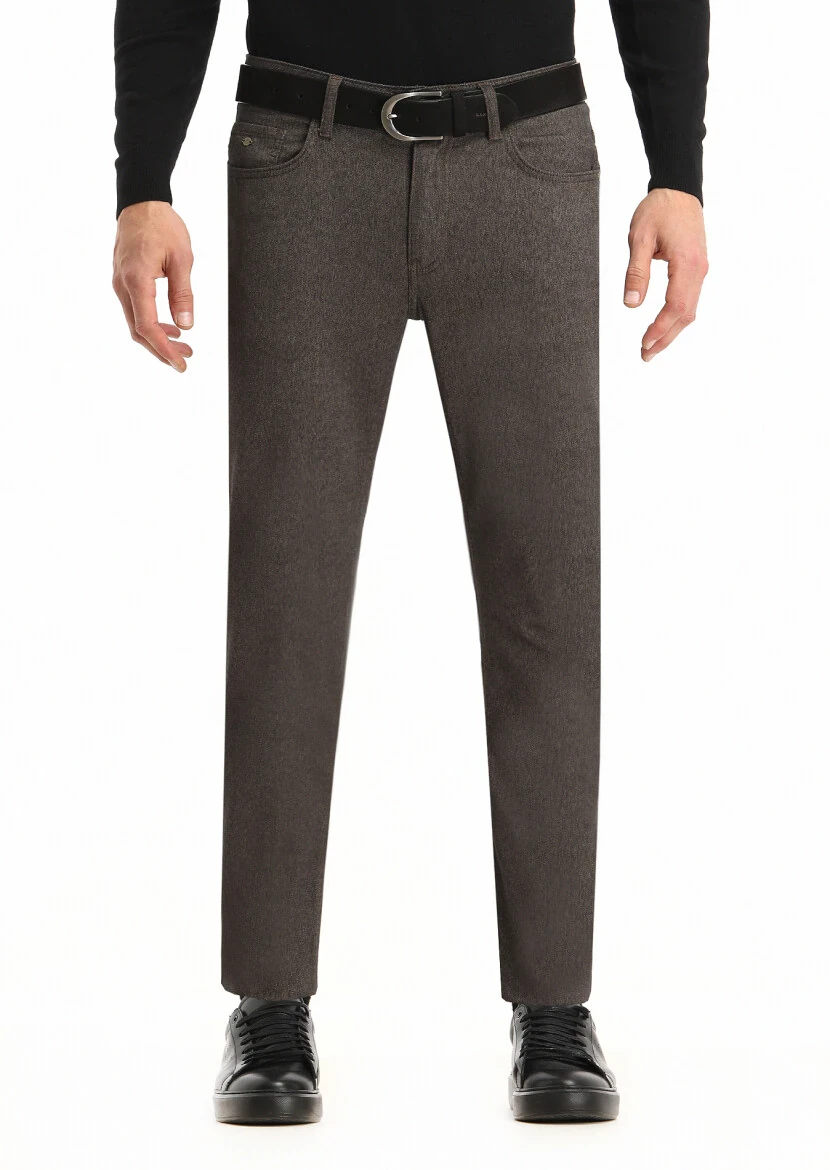Kahverengi Düz Dokuma Slim Fit Casual Pamuk Karışımlı Pantolon - 2