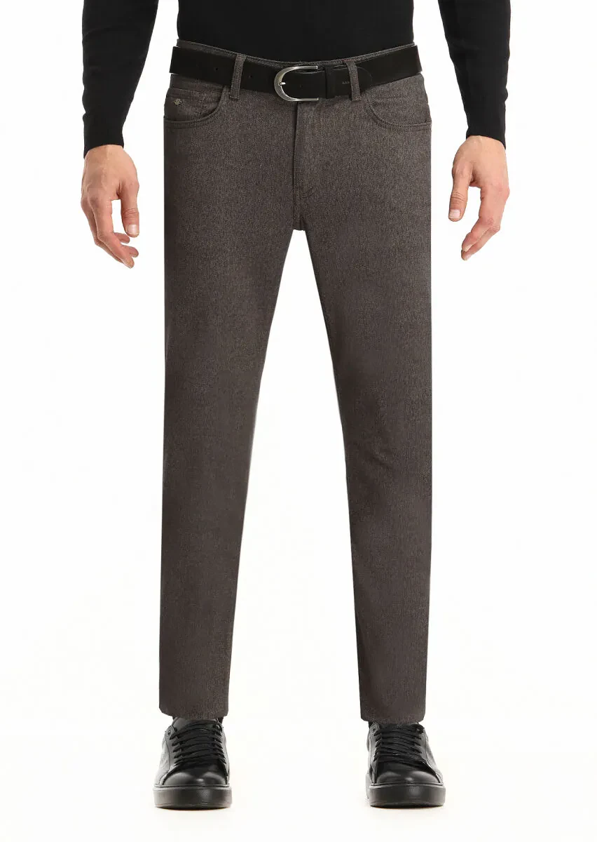 Kahverengi Düz Dokuma Slim Fit Casual Pamuk Karışımlı Pantolon - 2