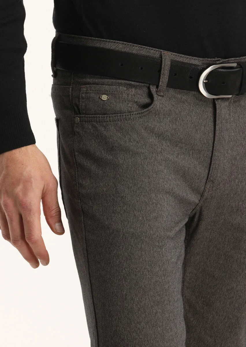 Kahverengi Düz Dokuma Slim Fit Casual Pamuk Karışımlı Pantolon - 3