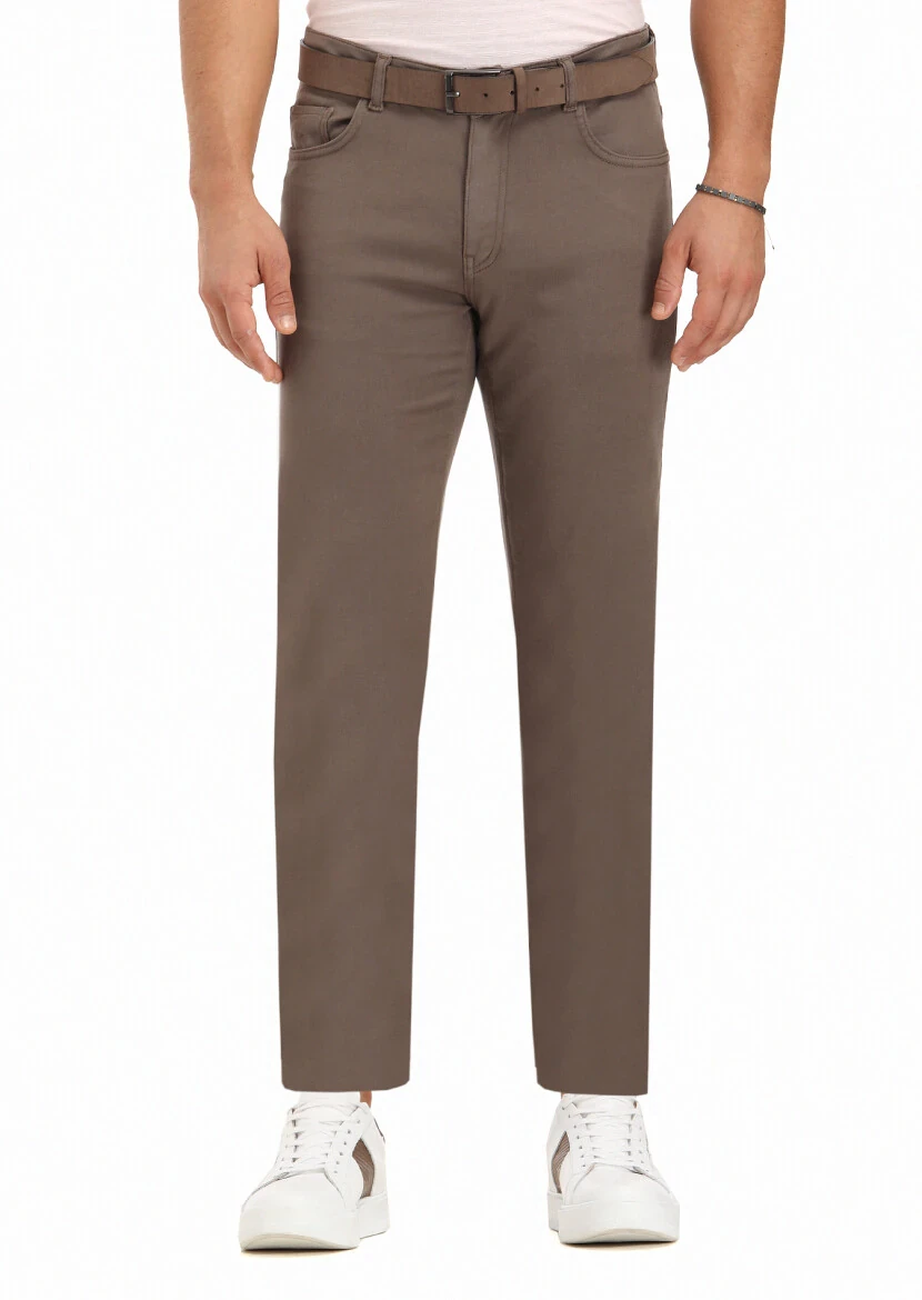 Kahverengi Düz Dokuma Slim Fit Casual Pamuk Karışımlı Pantolon 
