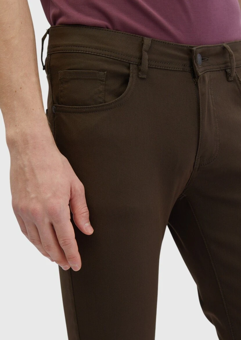 Kahverengi Düz Dokuma Slim Fit Casual Pamuk Karışımlı Pantolon - 3