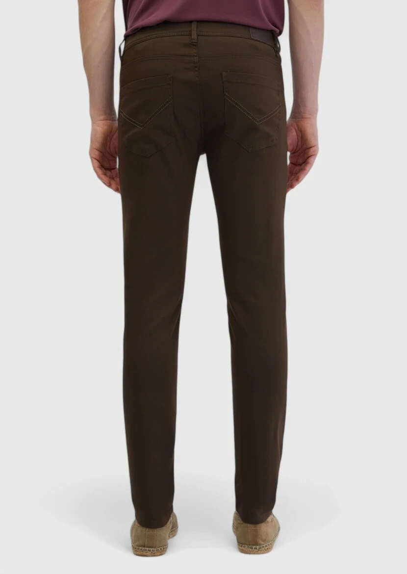 Kahverengi Düz Dokuma Slim Fit Casual Pamuk Karışımlı Pantolon - 5