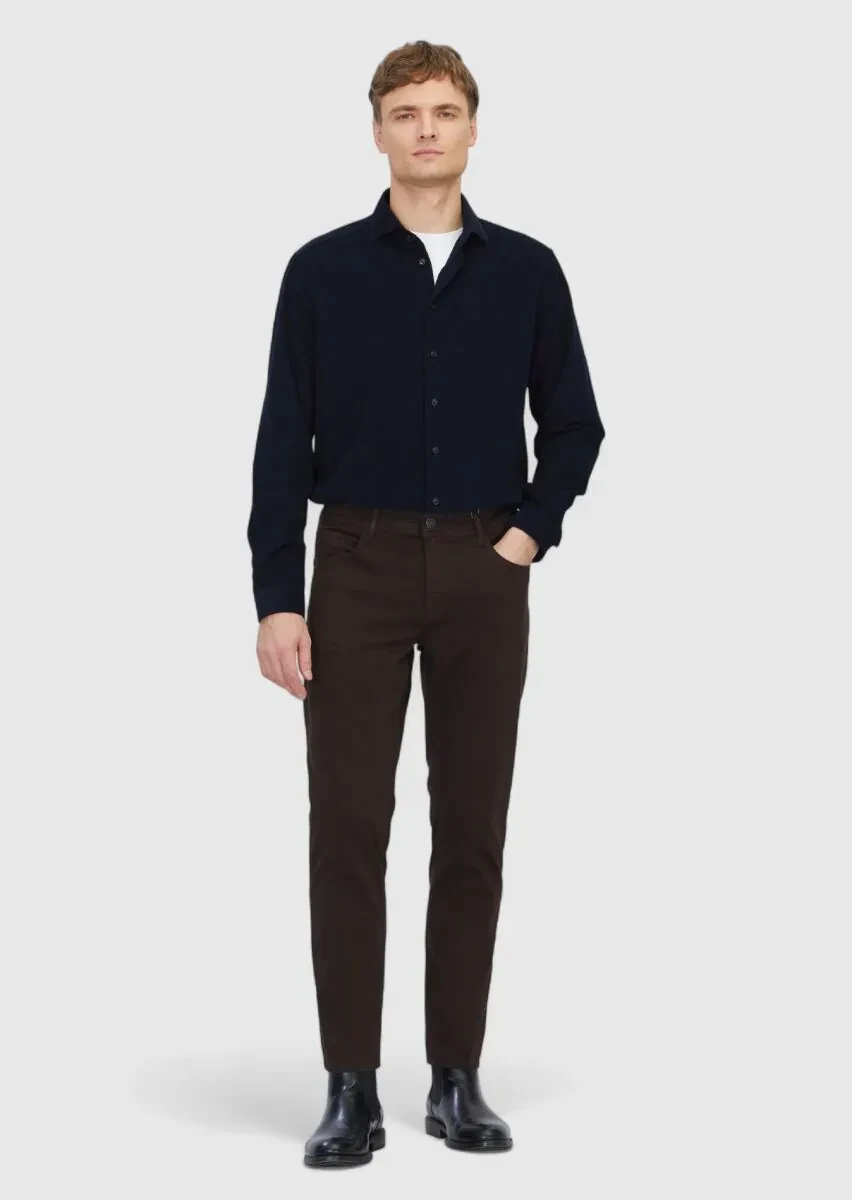 Kahverengi Düz Dokuma Slim Fit Casual Pamuk Karışımlı Pantolon - 1