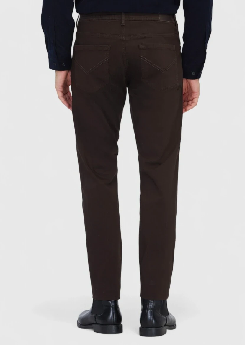 Kahverengi Düz Dokuma Slim Fit Casual Pamuk Karışımlı Pantolon - 5