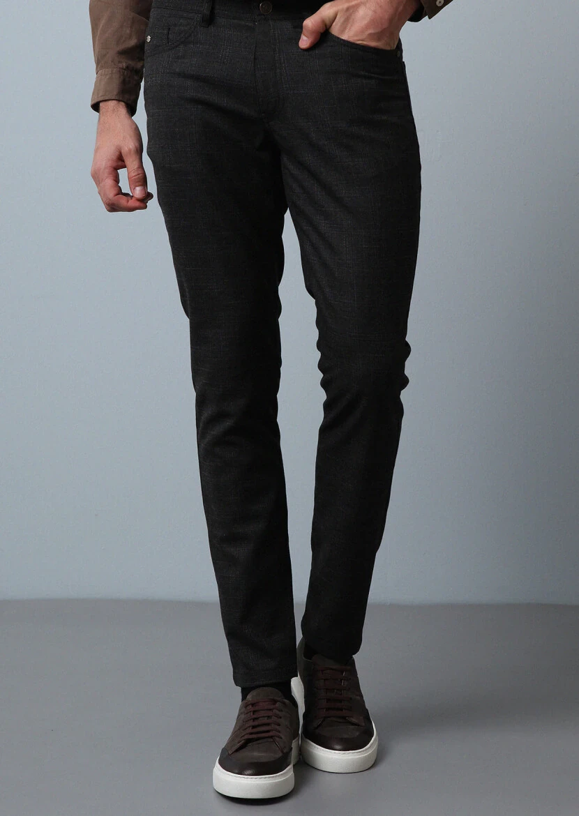 Kahverengi Düz Dokuma Slim Fit Casual Pantolon - 1