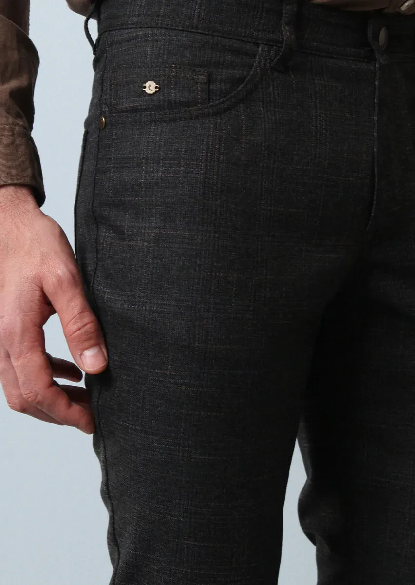 Kahverengi Düz Dokuma Slim Fit Casual Pantolon - 2