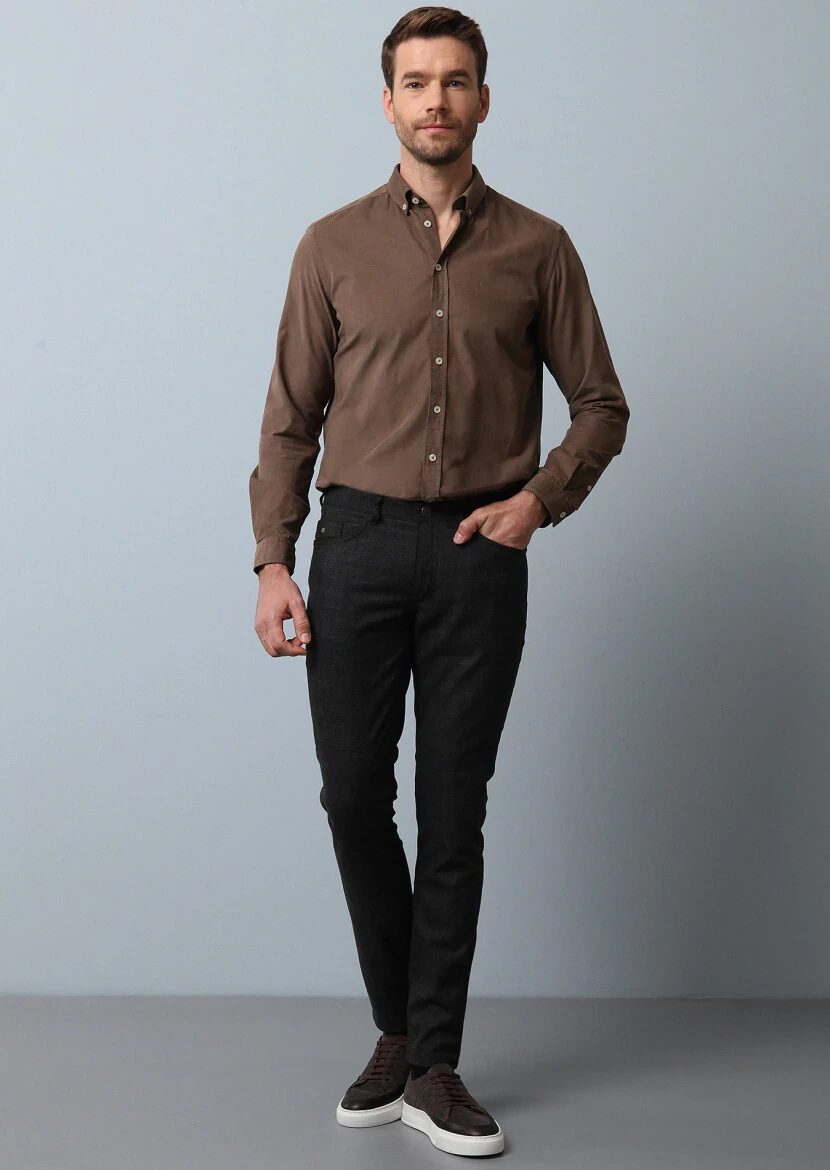 Kahverengi Düz Dokuma Slim Fit Casual Pantolon - 3