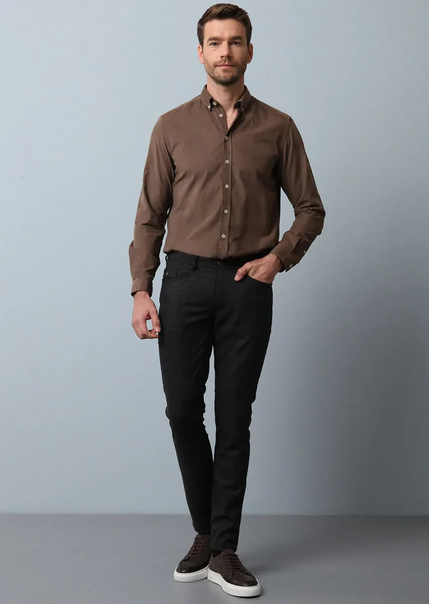 Kahverengi Düz Dokuma Slim Fit Casual Pantolon - 3