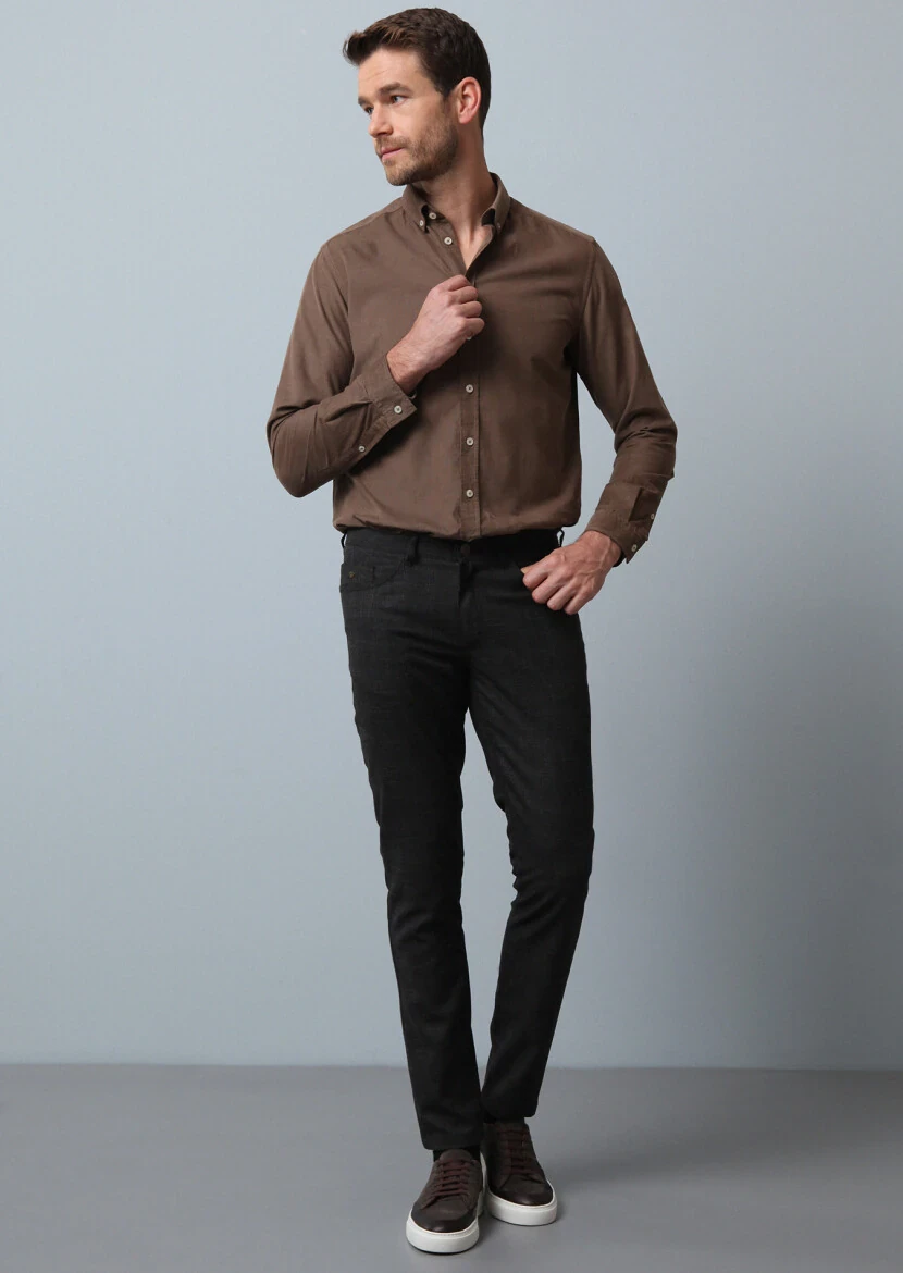 Kahverengi Düz Dokuma Slim Fit Casual Pantolon - 4