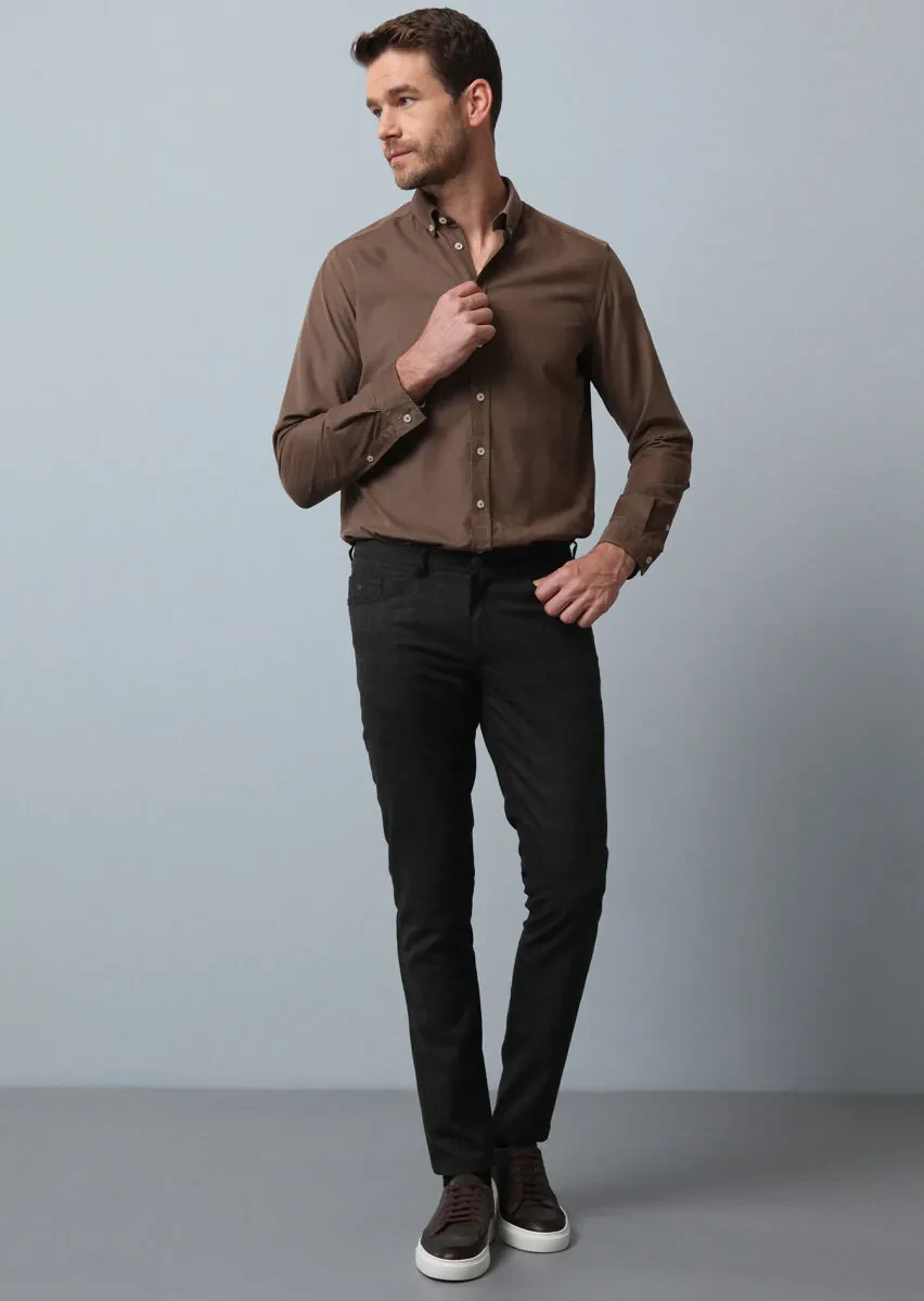 Kahverengi Düz Dokuma Slim Fit Casual Pantolon - 4