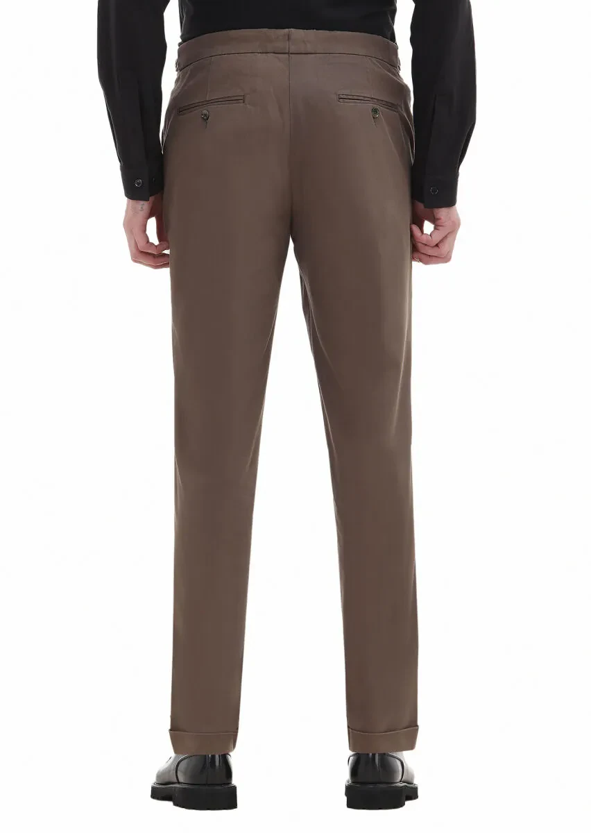 Kahverengi Düz Kumaş Carrot Fit Casual Pamuk Karışımlı Pantolon - 4