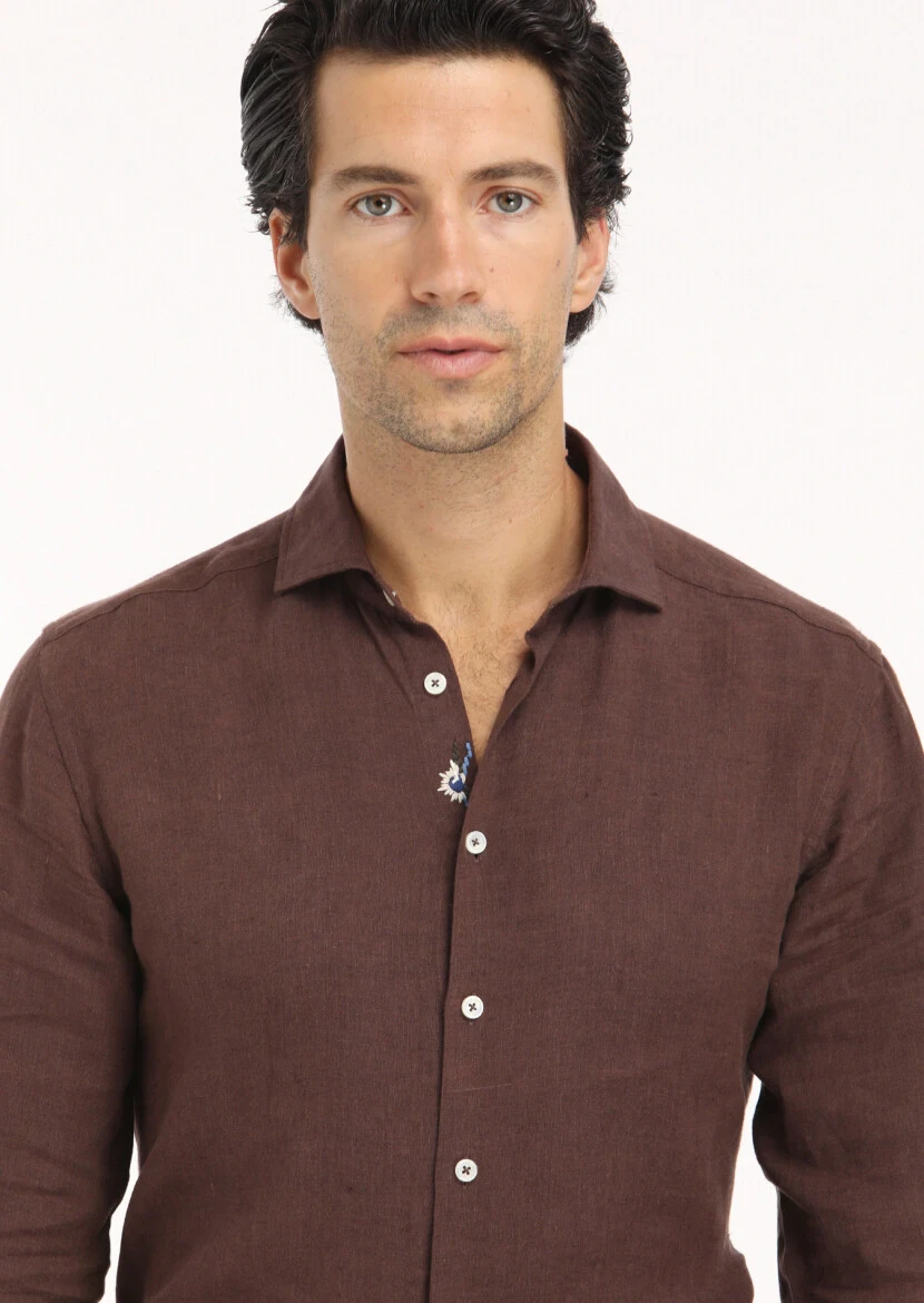 Kahverengi Düz Regular Fit Dokuma Casual %100 Keten Gömlek - 4