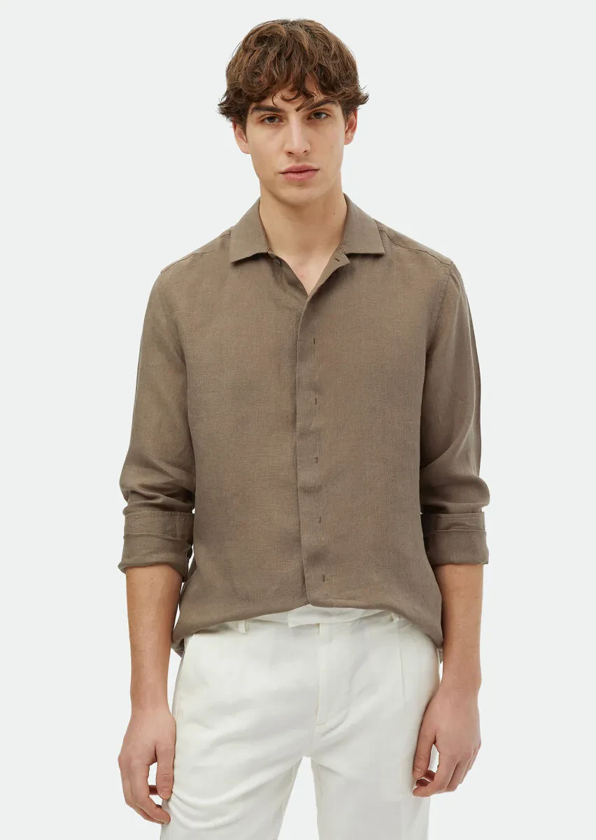 Kahverengi Düz Regular Fit Dokuma Casual %100 Keten Gömlek - 1