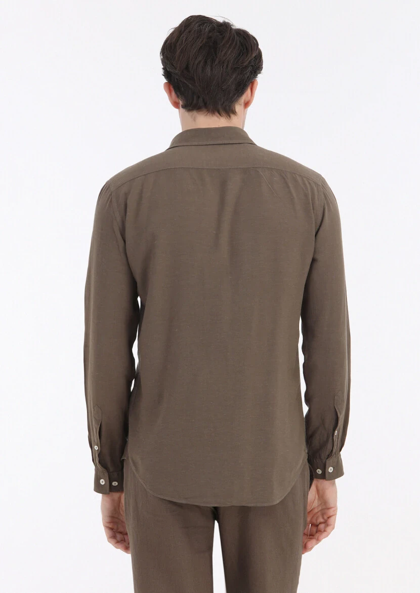 Kahverengi Düz Regular Fit Dokuma Casual Keten Karışımlı Gömlek - 6