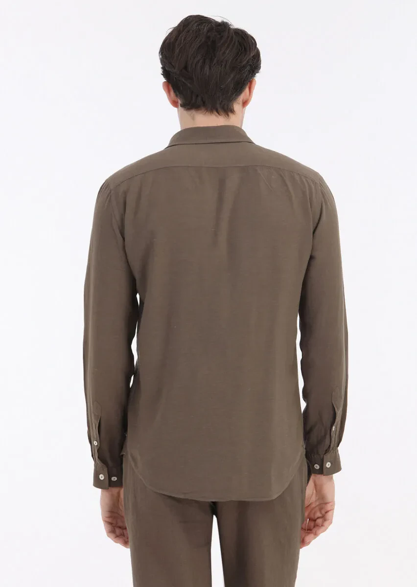 Kahverengi Düz Regular Fit Dokuma Casual Keten Karışımlı Gömlek - 6
