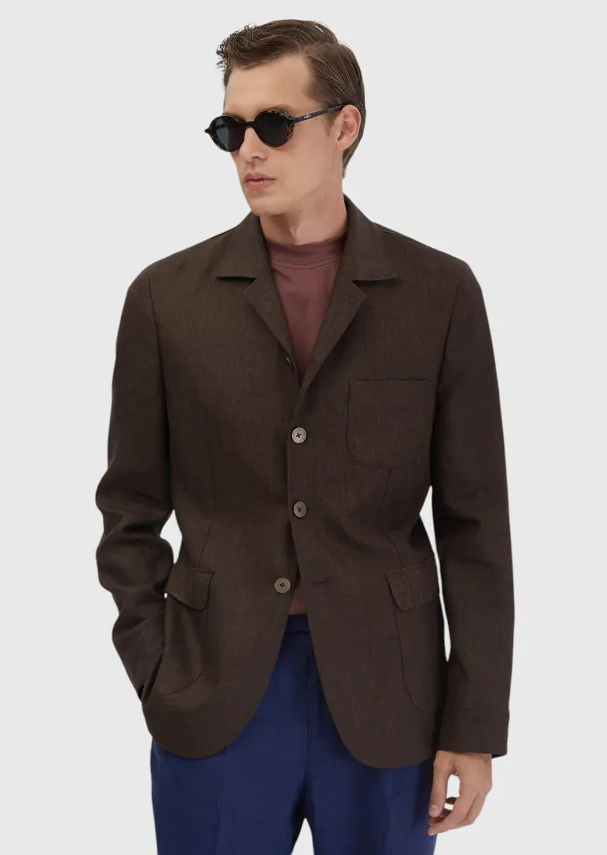 Kahverengi Düz Shirt Shoulder Slim Fit %100 Keten Ceket - 1
