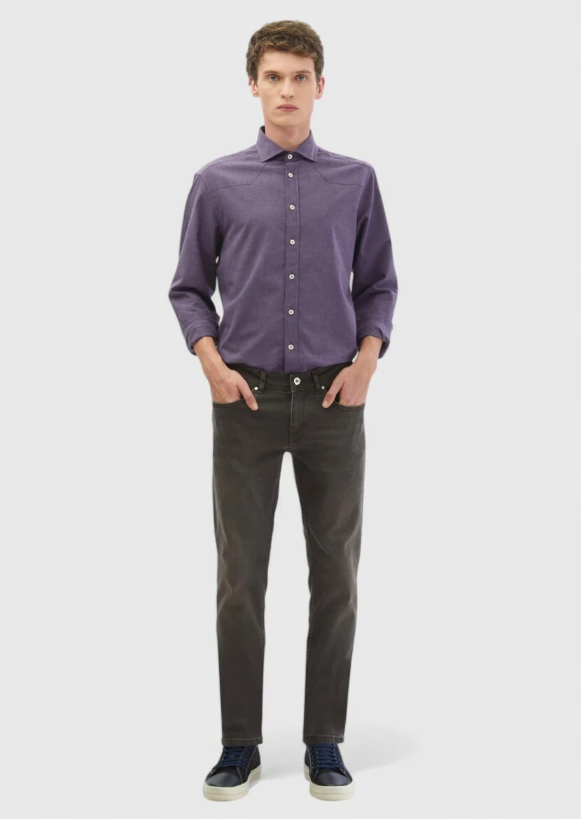 Kahverengi Düz Slim Fit Denim Pamuk Karışımlı Pantolon - RAMSEY