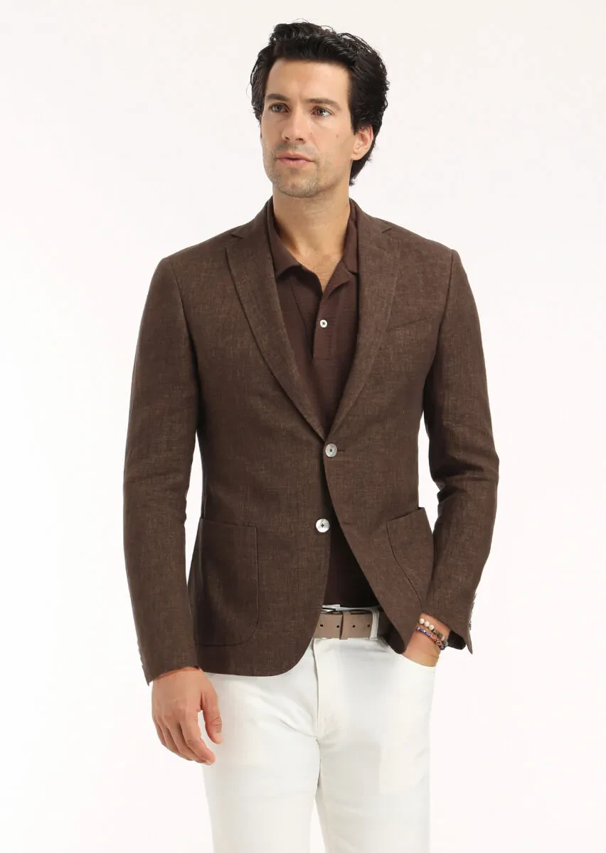 Kahverengi Düz Zeroweight Slim Fit %100 Keten Ceket - 2