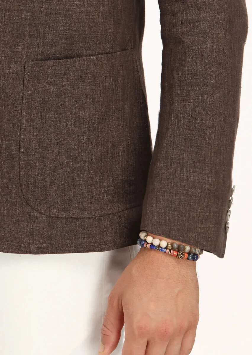 Kahverengi Düz Zeroweight Slim Fit %100 Keten Ceket - 4