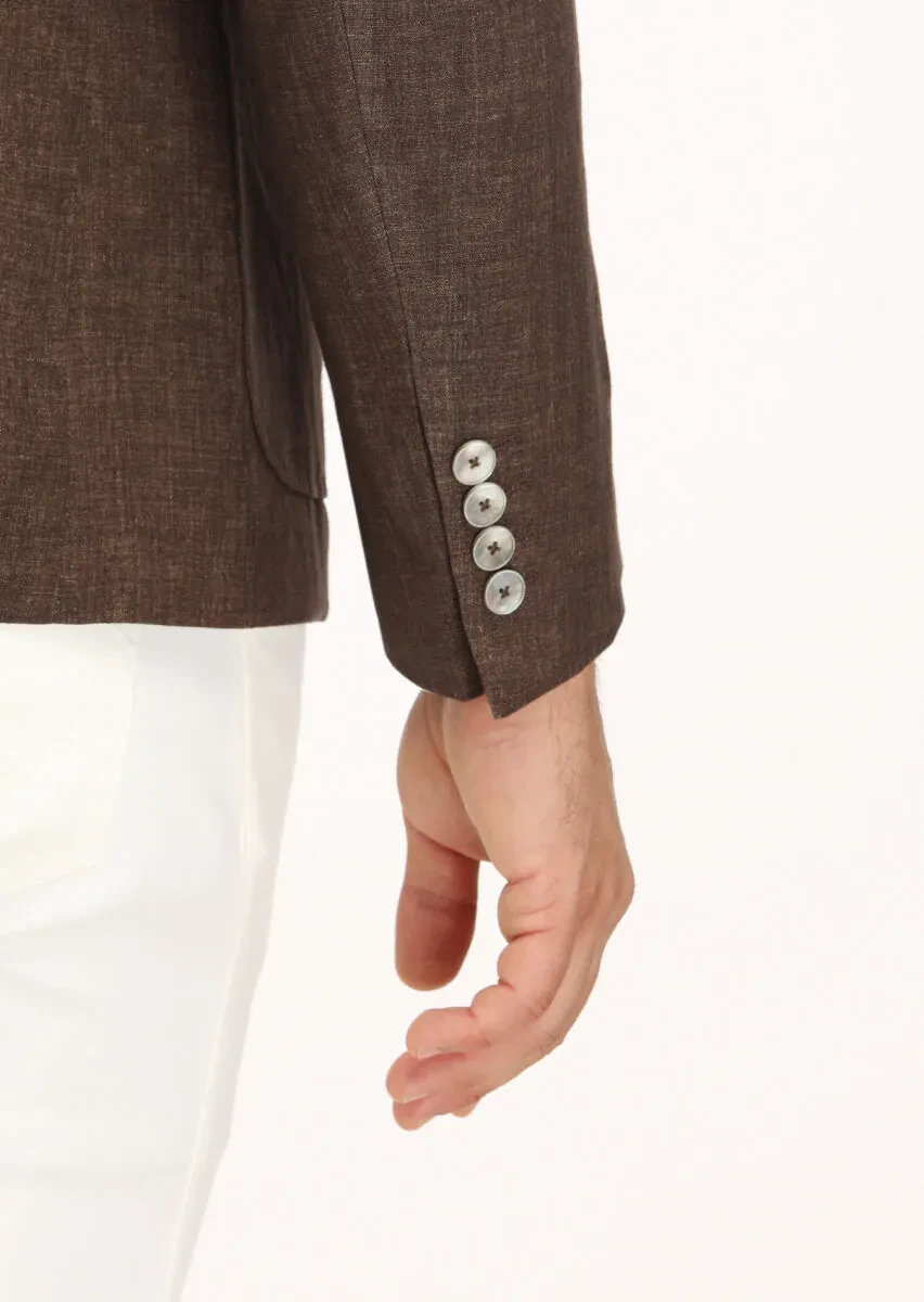 Kahverengi Düz Zeroweight Slim Fit %100 Keten Ceket - 5