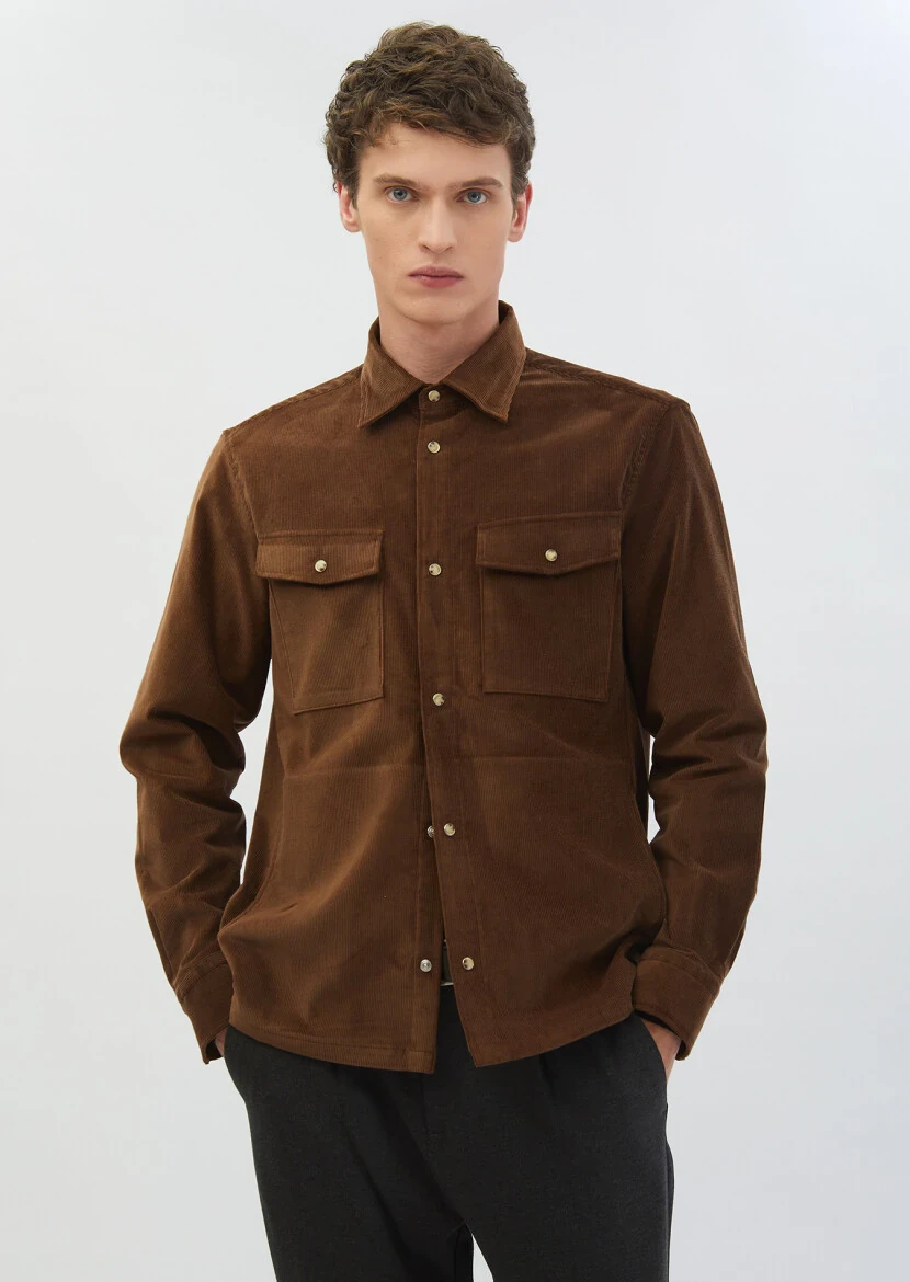 Kahverengi Fitilli Casual Fit Dokuma Kadife %100 Yün Overshırt - 1